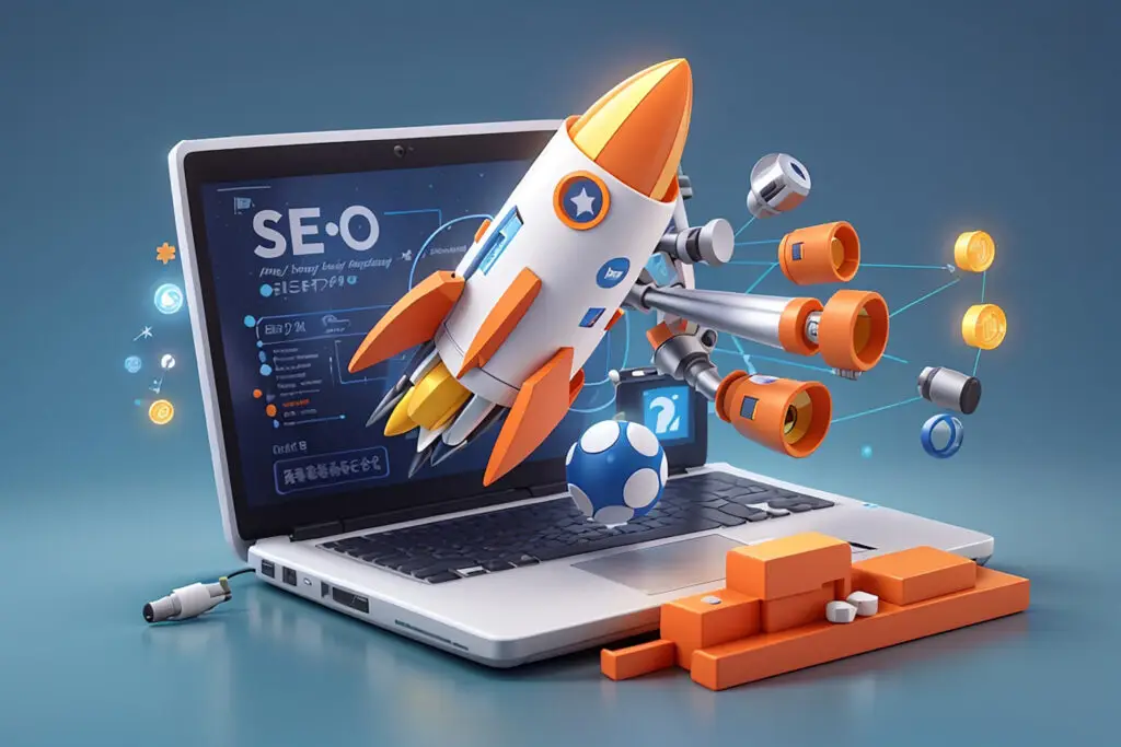3d seo optimization with rocket marketing social media concept interface web analytics strategy research planing laptop 3d seo strategy vector icon render illustration scaled 1