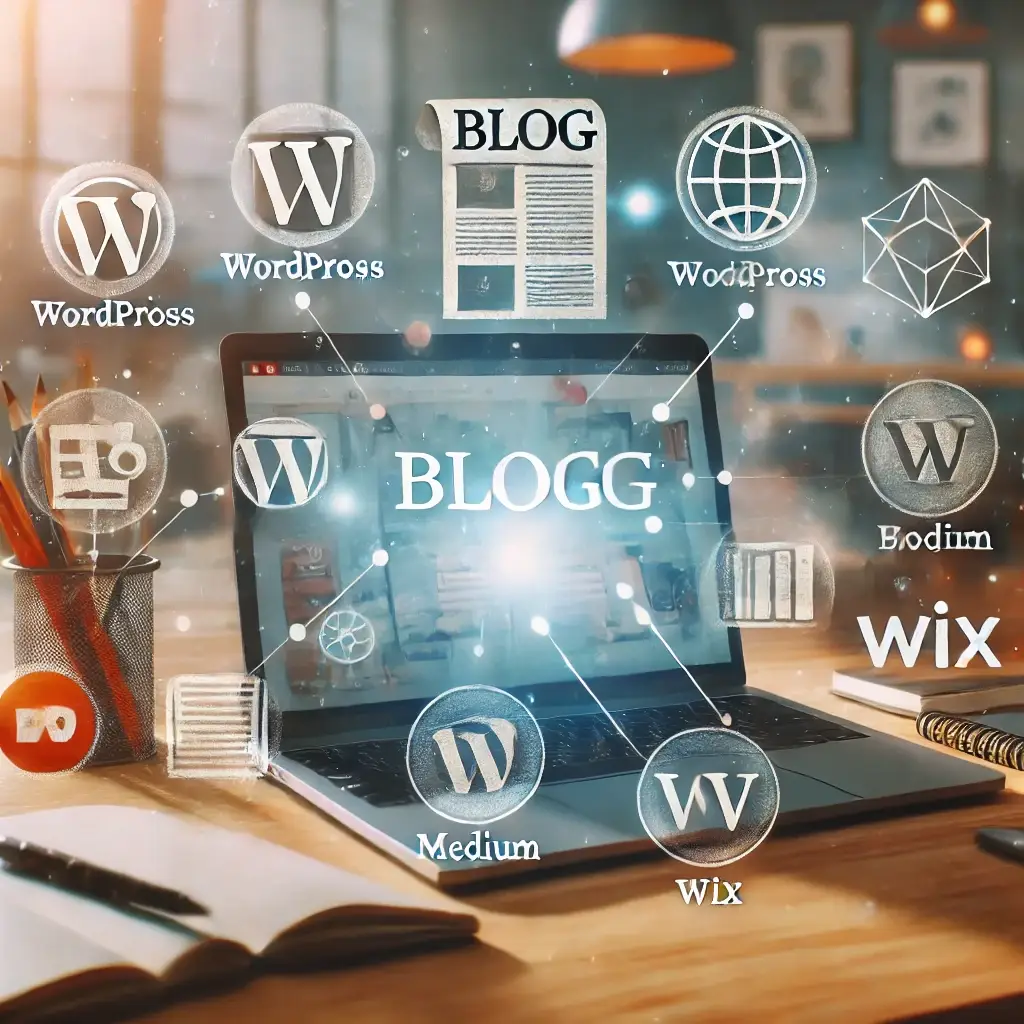 DALL·E 2025 03 25 10.53.01 A modern digital blogging concept with a laptop on a desk an open blog page on the screen and icons of popular blogging platforms like WordPress Bl