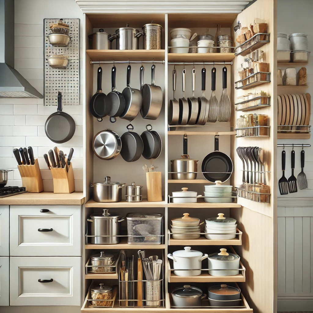DALL·E 2025 03 26 10.41.43 A well organized kitchen with neatly arranged pots and pans. A hanging pot rack displays various cookware while a pull out cabinet organizer holds ne